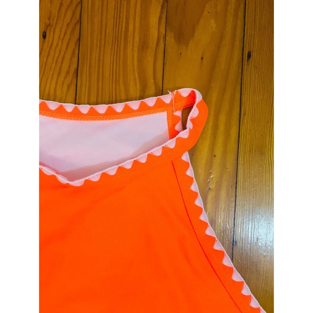 Beachsissi Womens Neon Orange Scallop Trim High Neck High Waist Bikini Set Small